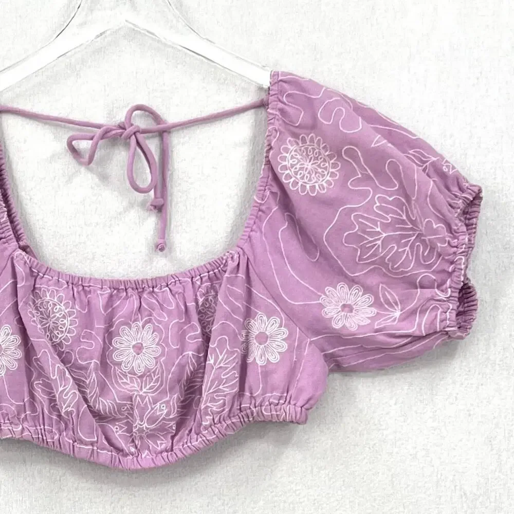 FREE PEOPLE Lotus Skirt Set TOP ONLY Women XS Purple Embroidered Puff Sleeve NEW